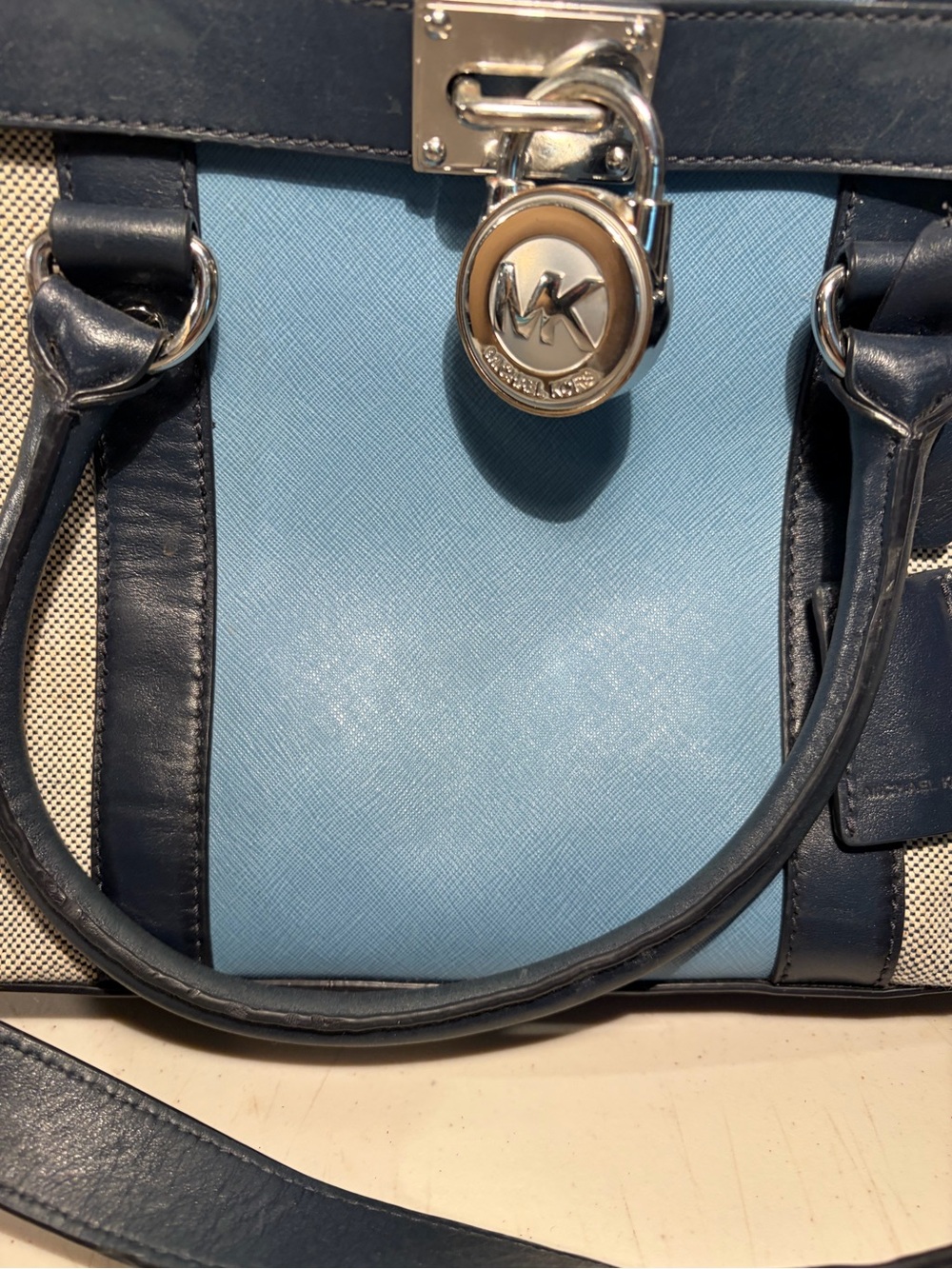 Michael Kors Light Blue and Navy Canvas-Trim Satchel 12x9 - Picture 2 of 8